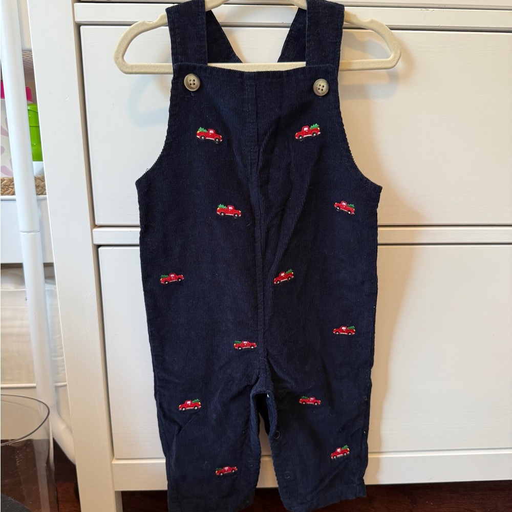 Boys 9M Christmas Overalls with Trucks, Navy Corduroy